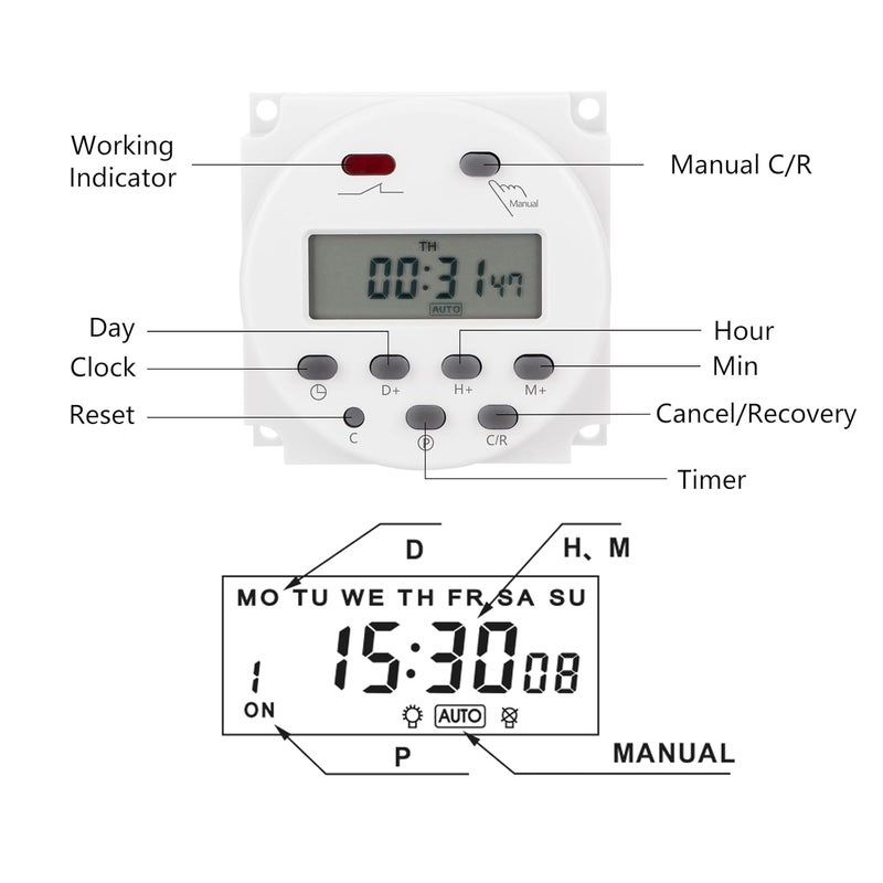 Weasch 10Pcs Timer Switch, CN101A, DC/AC 12V 16Amp, Digital LCD Power Programmable Timer Time Relay Switch, Supports 28 Scheduled Times Daily or Weekly (10) - Image 5
